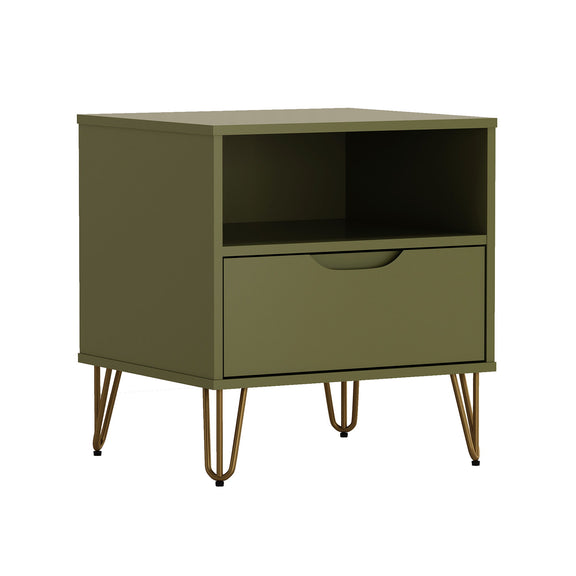Green nightstand, side view with open cubby, drawer with curved handle, four legs