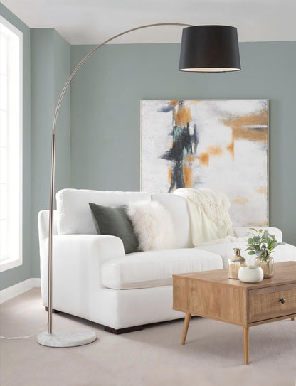 Black fabric shade contemporary floor lamp with arched metal stem and round stone base