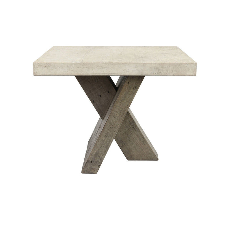 Distressed gray end table, flat top with angled pedestal-style legs