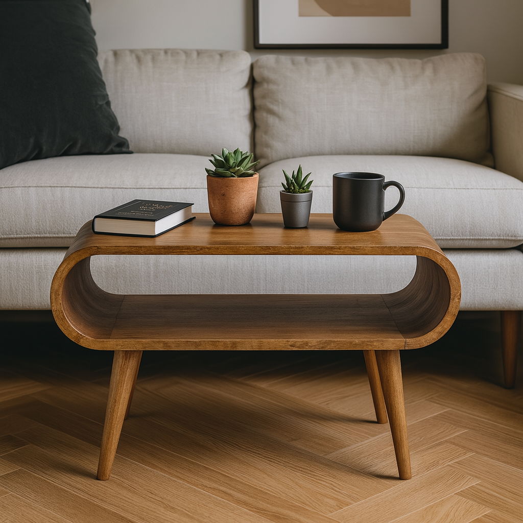Light brown solid wood open coffee table with oval cutout and four angled legs.