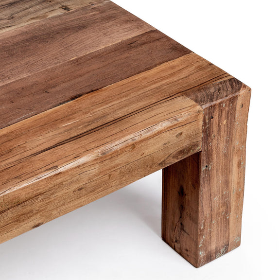 Distressed wood table end with plank texture and thick squared edge
