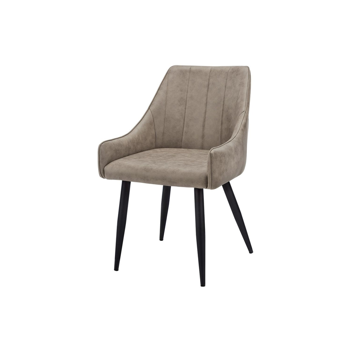 Upholstered side dining chair, dark brown suede-style fabric, padded panel back, tapered legs
