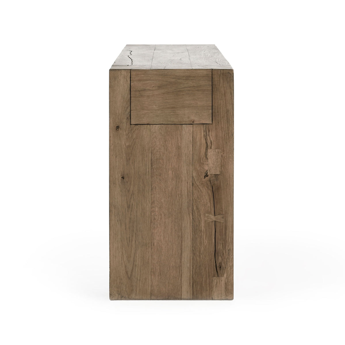 Reclaimed oak side table with drawer front, dark brown reclaimed wood