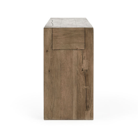 Reclaimed oak side table with drawer front, dark brown reclaimed wood