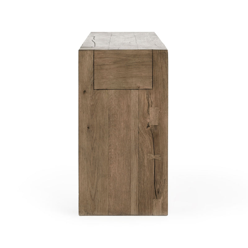 Reclaimed oak side table with drawer front, dark brown reclaimed wood