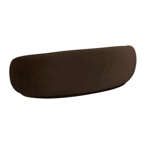 Dark brown velvet sofa with curved sides and smooth rounded back, low profile