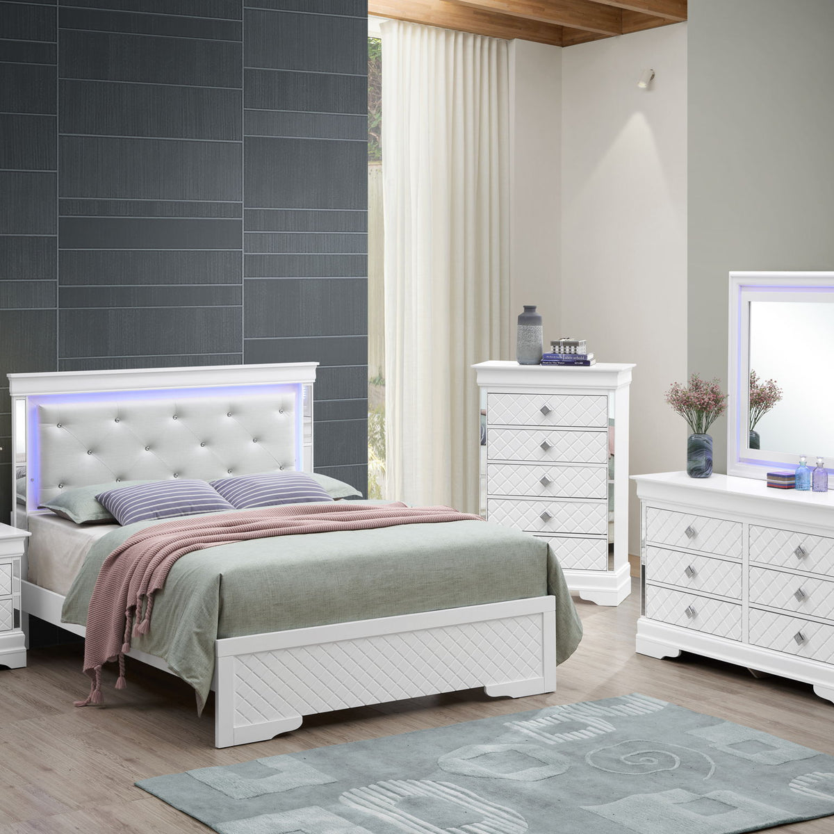 Bed With LED Light Accents Headboard