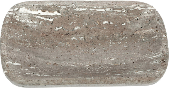 Gray travertine tray, wide rounded-rectangle with visible veining and speckles.