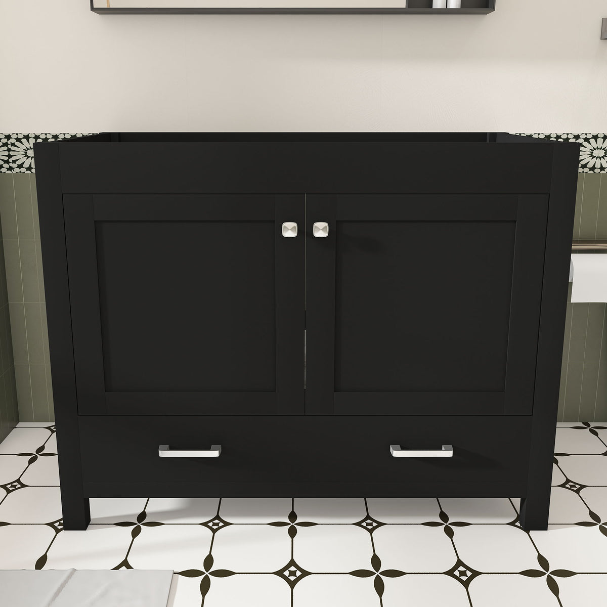 Black bathroom vanity cabinet with double doors and two drawers, sleek bar handles