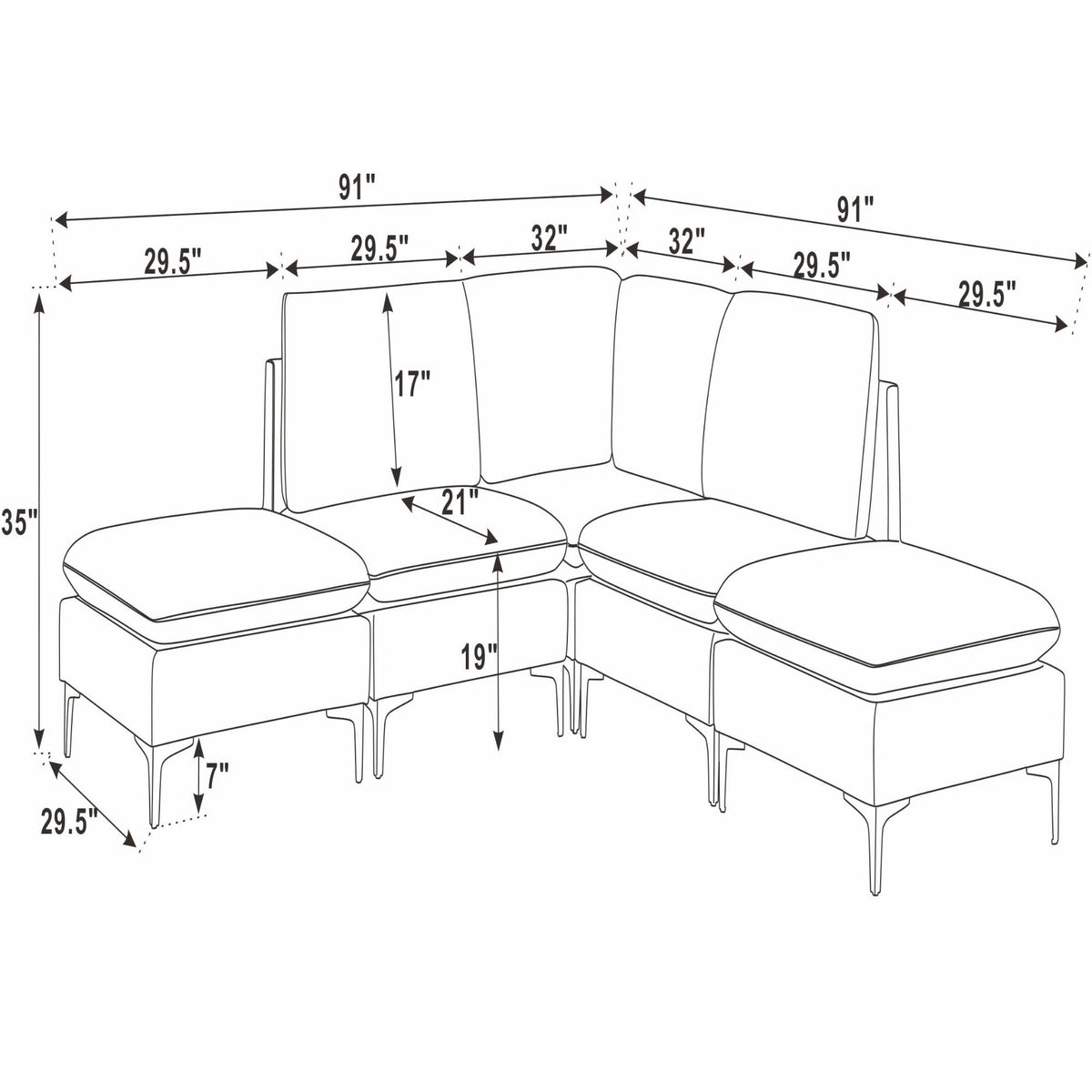 Upholstered modular sectional with tall legs and two ottomans, side chaise layout