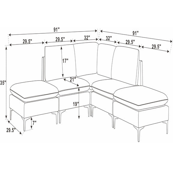 Upholstered modular sectional with tall legs and two ottomans, side chaise layout