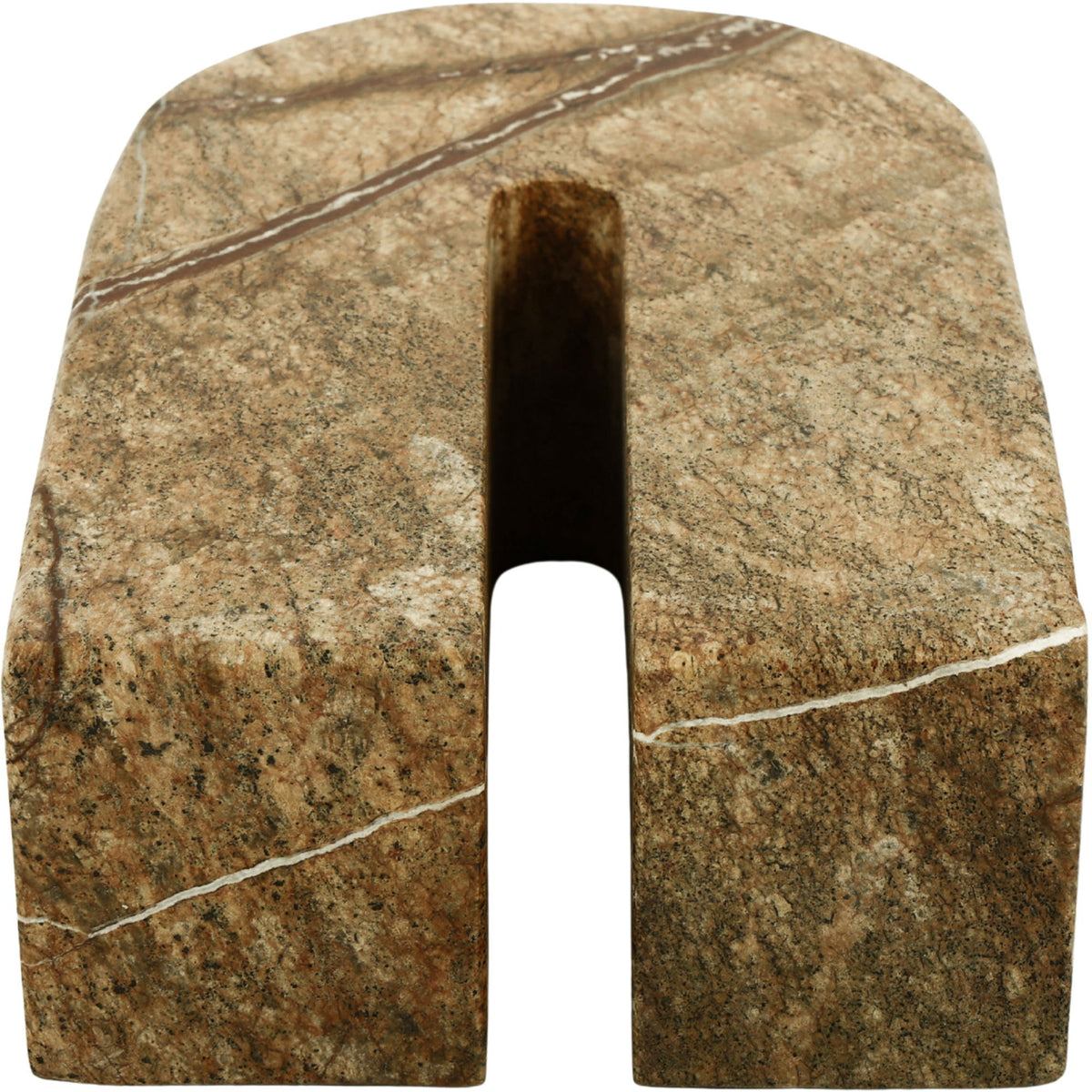 Tan marble bookend with darker veining and central vertical slot