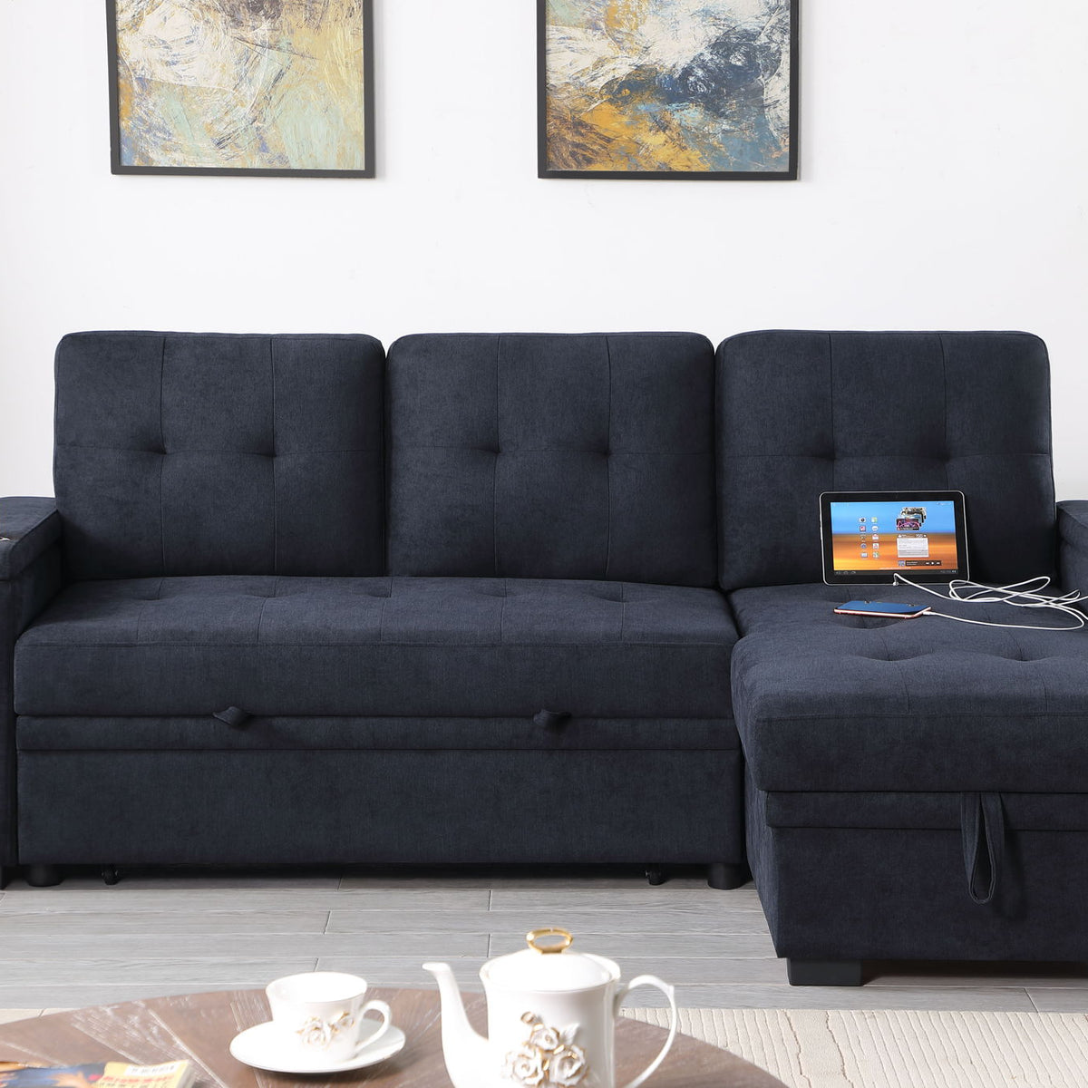 Ashlyn II - 84"W Woven Fabric Reversible Sleeper Sectional Sofa with Storage Chaise