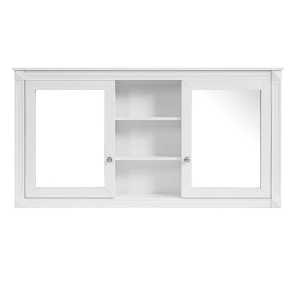 White wall-mount cabinet with two hinged doors, inner adjustable shelves and storage.