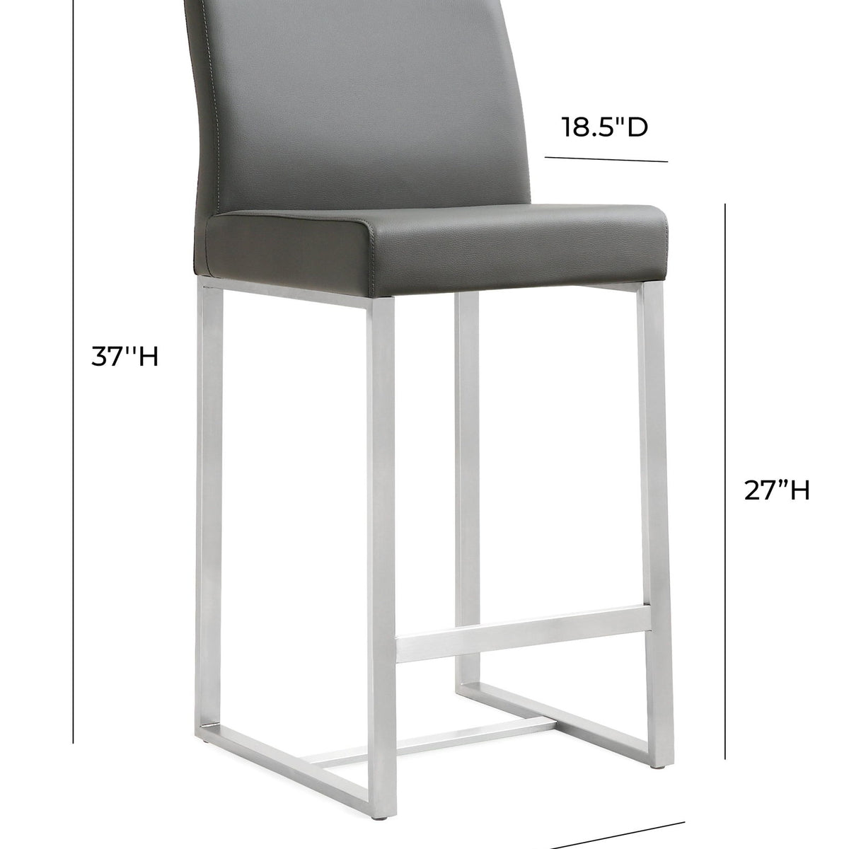 Counter stool with dark gray upholstered seat and backrest, with size labels (37H, 16W)