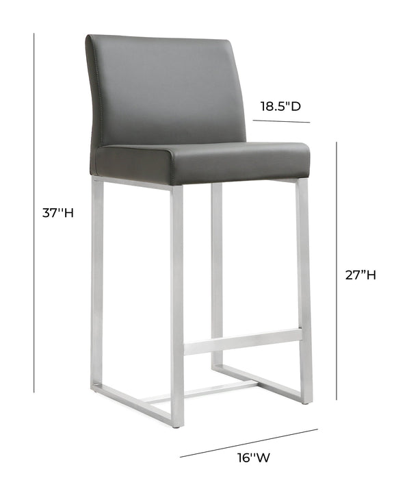 Counter stool with dark gray upholstered seat and backrest, with size labels (37H, 16W)