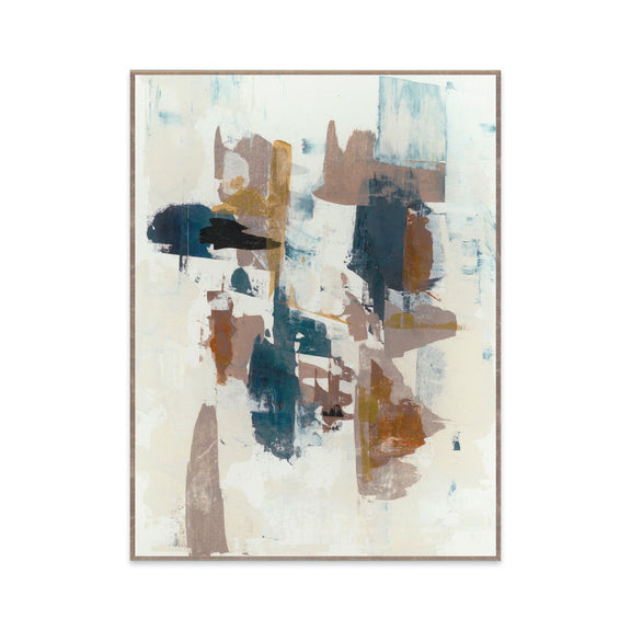 Framed abstract wall art with blue, white, and brown textured shapes
