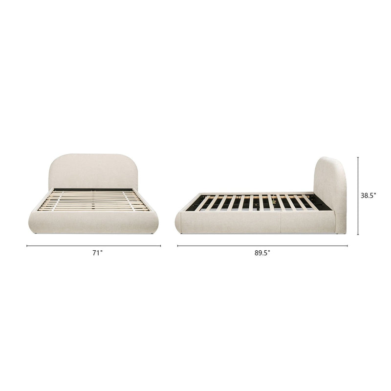 Cream upholstered platform bed with slatted base, shown in two sizes