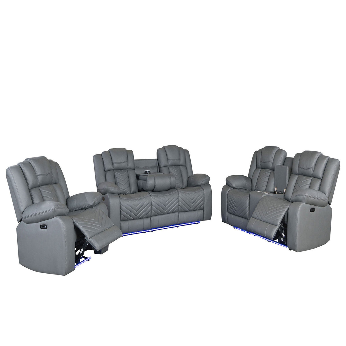 Dark gray reclining seating set with three padded units, quilted backs, and blue LED base