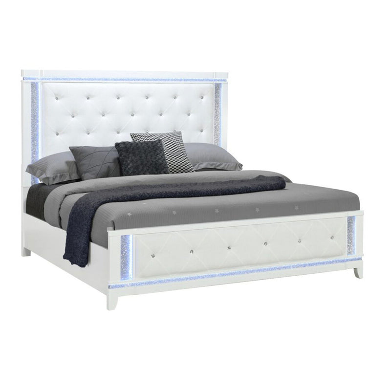 White tufted upholstered bed frame with blue LED light strip and glitter trim