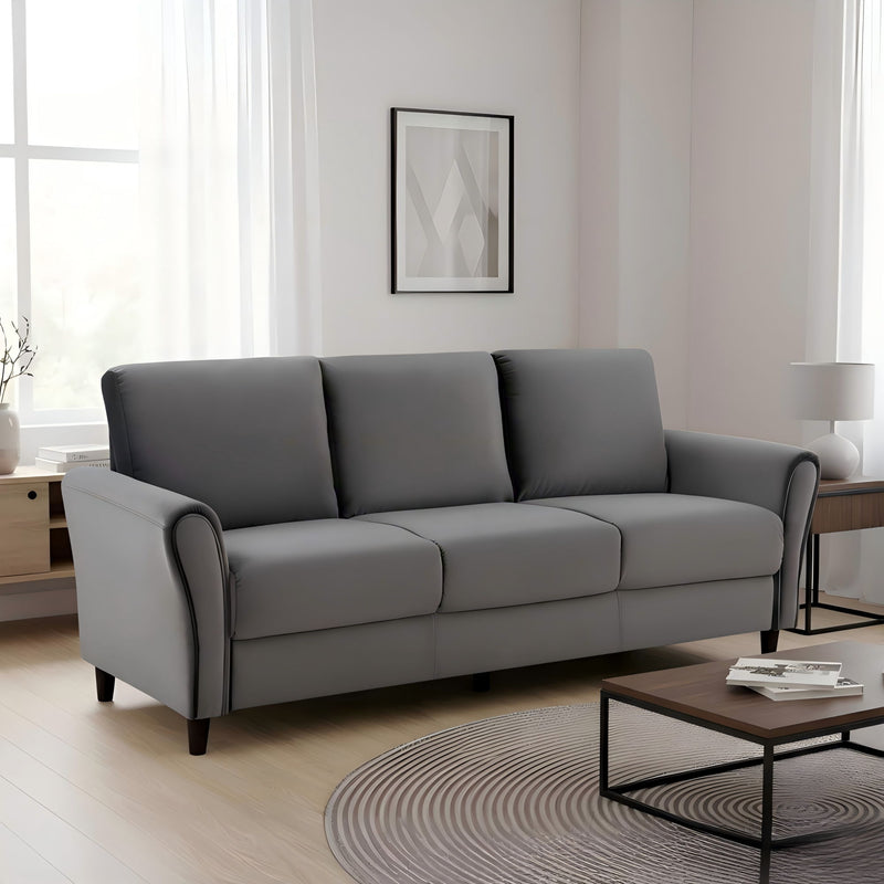 Dark gray 3-seater sofa with curved arms, three back cushions, and low-profile legs
