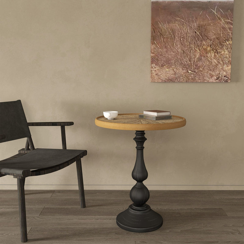 Round end table with natural wood top and turned dark pedestal base