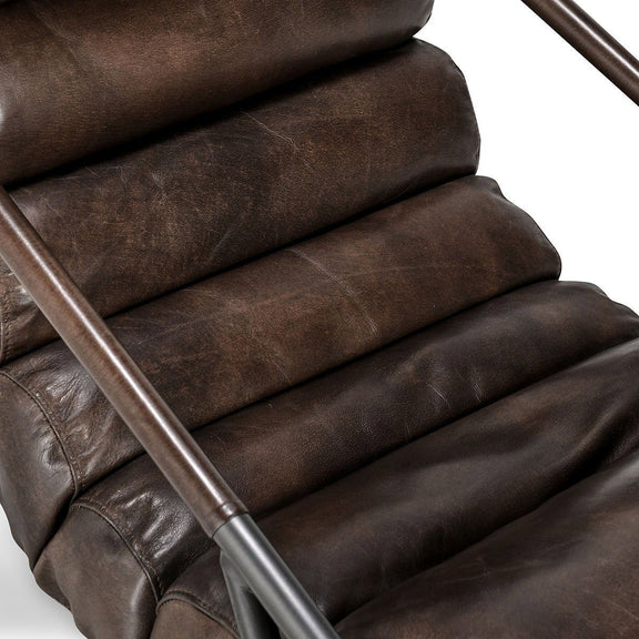 Jackson accent chair in dark brown leather, stepped seat and silver arm frame