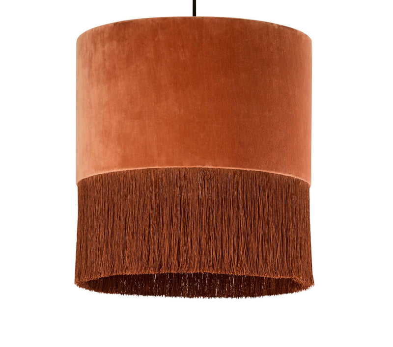 Brick tassel pendant lamp shade with long fringe, cylindrical fabric drum