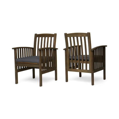 Dark gray dining chairs with slatted backs and gray seat cushions, wood frame
