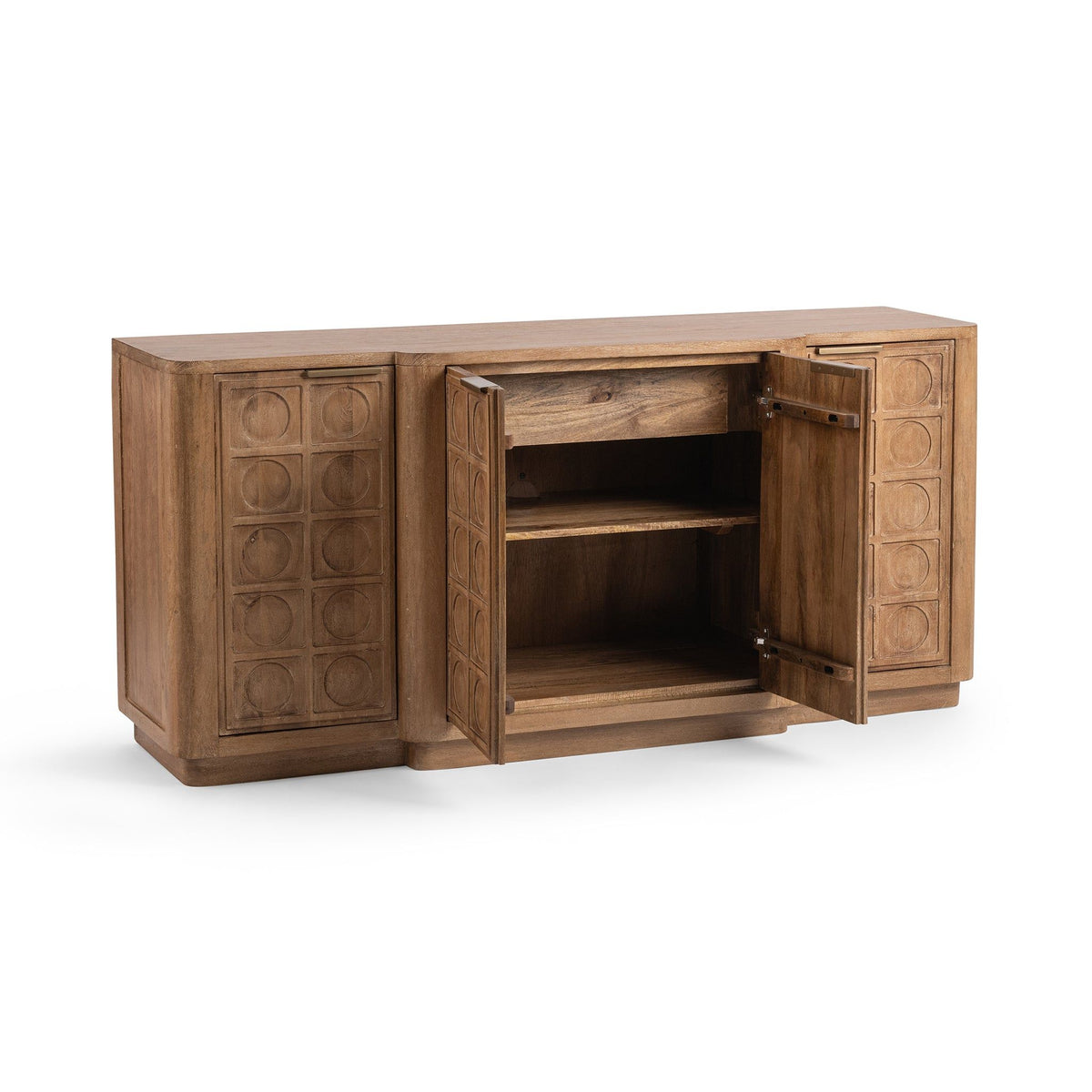 Taupe 4-door cabinet with one door open, showing an interior shelf and cubby.