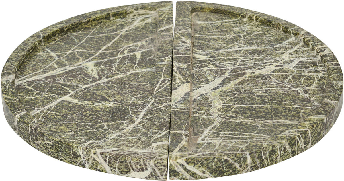 Green marble tray with two split halves, bold white veining across the surface