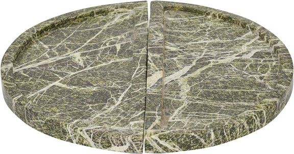 Green marble tray with two split halves, bold white veining across the surface