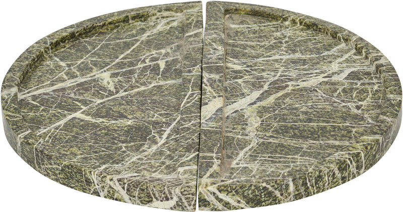 Green marble tray with two split halves, bold white veining across the surface