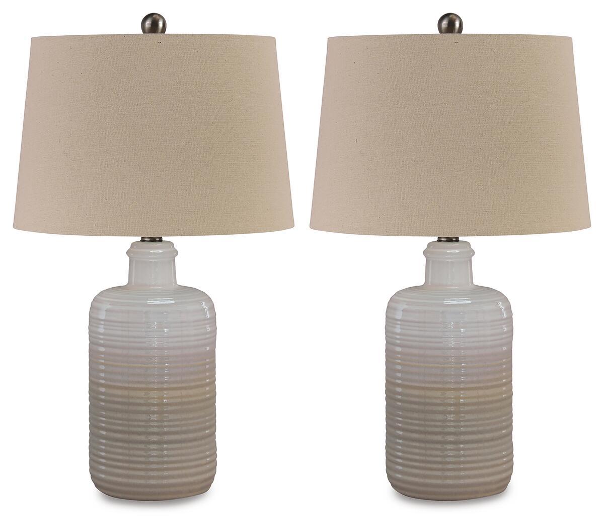 Set of 2 ceramic table lamps with beige shades and ribbed taupe bases