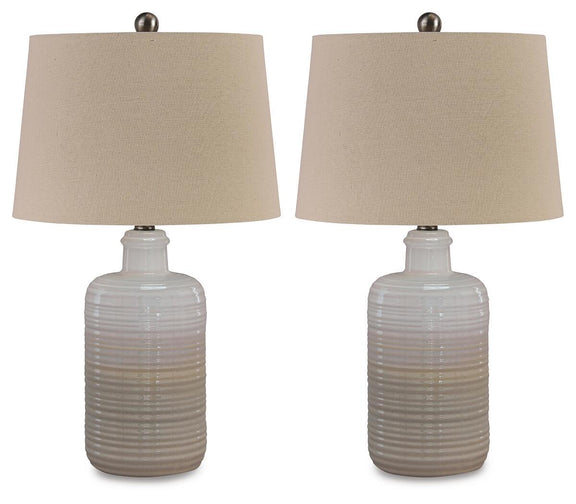 Set of 2 ceramic table lamps with beige shades and ribbed taupe bases