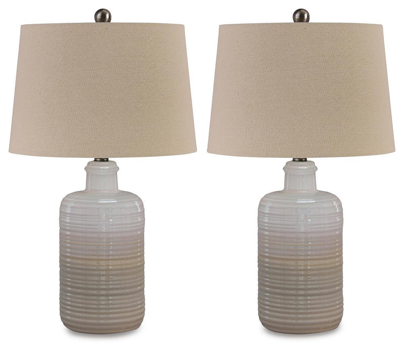 Set of 2 ceramic table lamps with beige shades and ribbed taupe bases