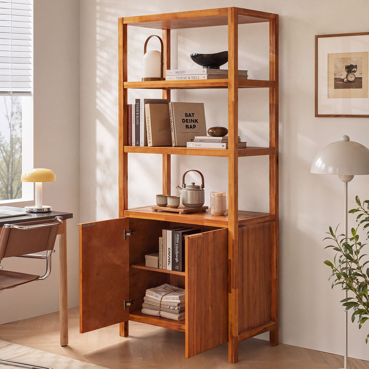 Light brown wooden storage bookcase cabinet with open shelving and double doors in front view