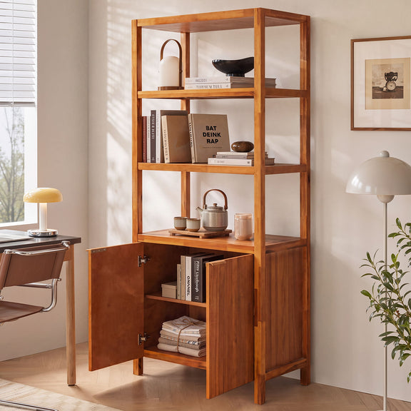 Light brown wooden storage bookcase cabinet with open shelving and double doors in front view