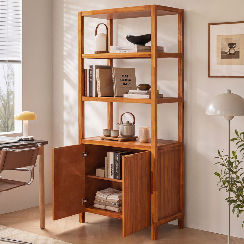 Light brown wooden storage bookcase cabinet with open shelving and double doors in front view