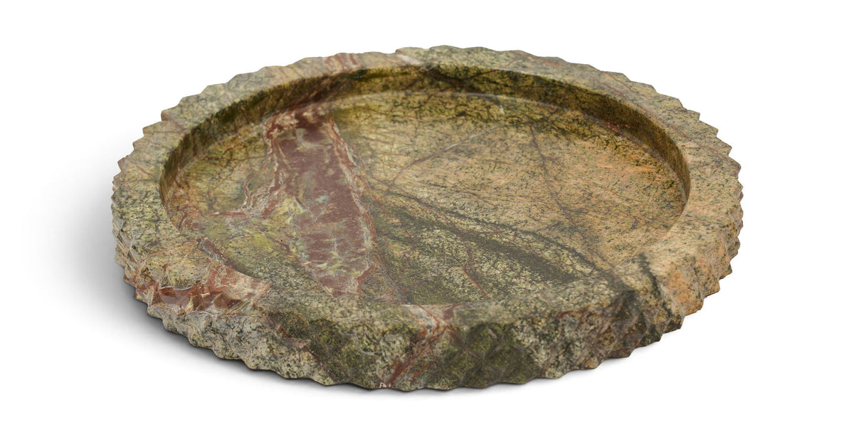 Green marble tray with speckled veining and scalloped textured rim.