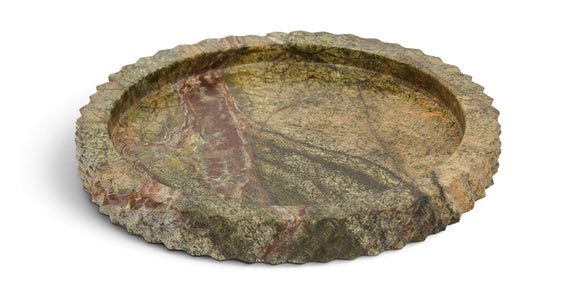 Green marble tray with speckled veining and scalloped textured rim.
