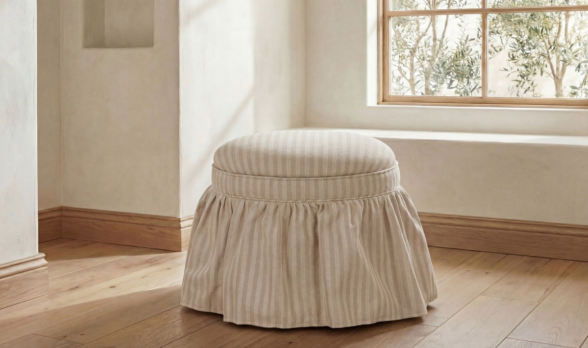 Beige striped round storage ottoman with gathered fabric base