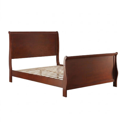 Dark brown sleigh-style bed frame with curved headboard, footboard, and slat support