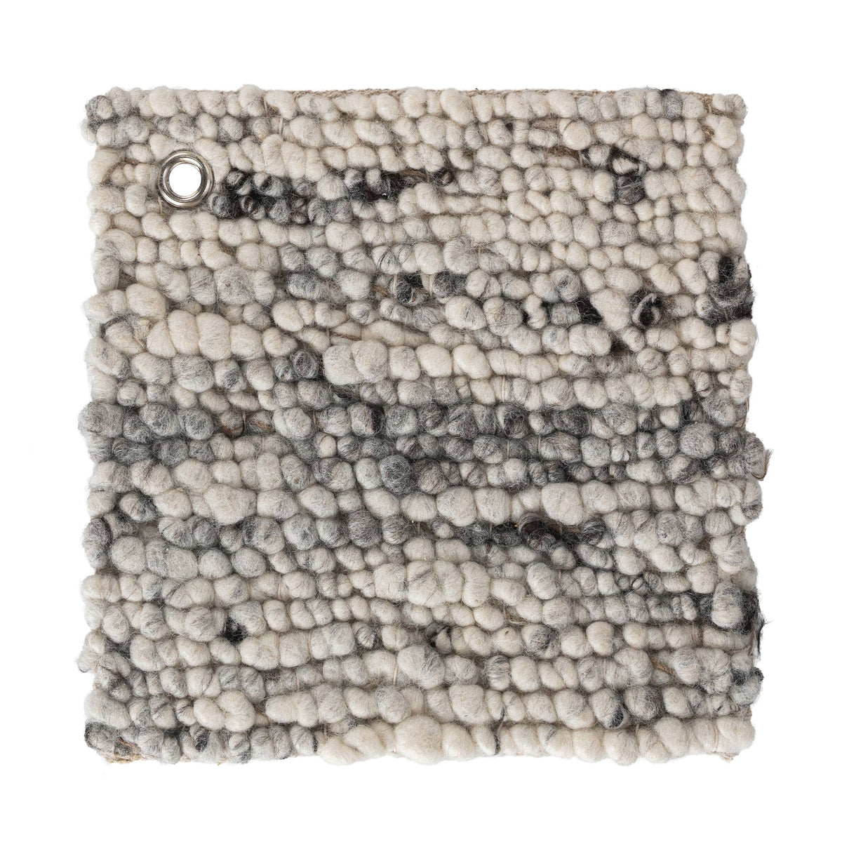 Looped wool rug swatch with thick pile and a metal grommet at the corner.