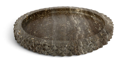 Gray travertine tray with shallow circular basin and scalloped edge, top view.