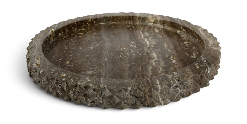 Gray travertine tray with shallow circular basin and scalloped edge, top view.