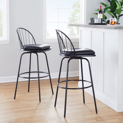 Set of 2 black swivel barstools with arched wire back, padded seat, and round footrest
