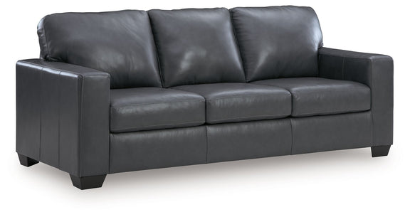 Dark gray leather-style sofa with segmented seat and back cushions