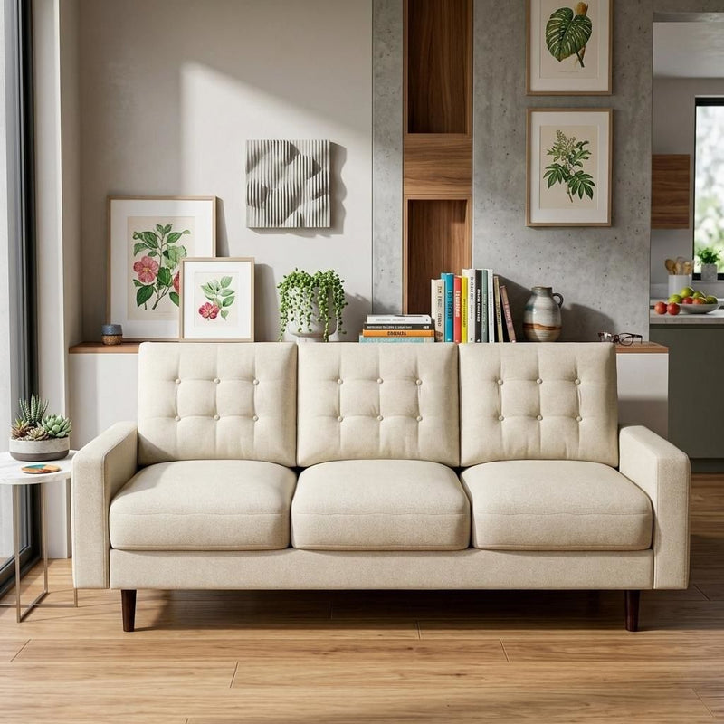 Three-seat beige sofa with button-tufted back cushions, wide arms, and dark wood legs