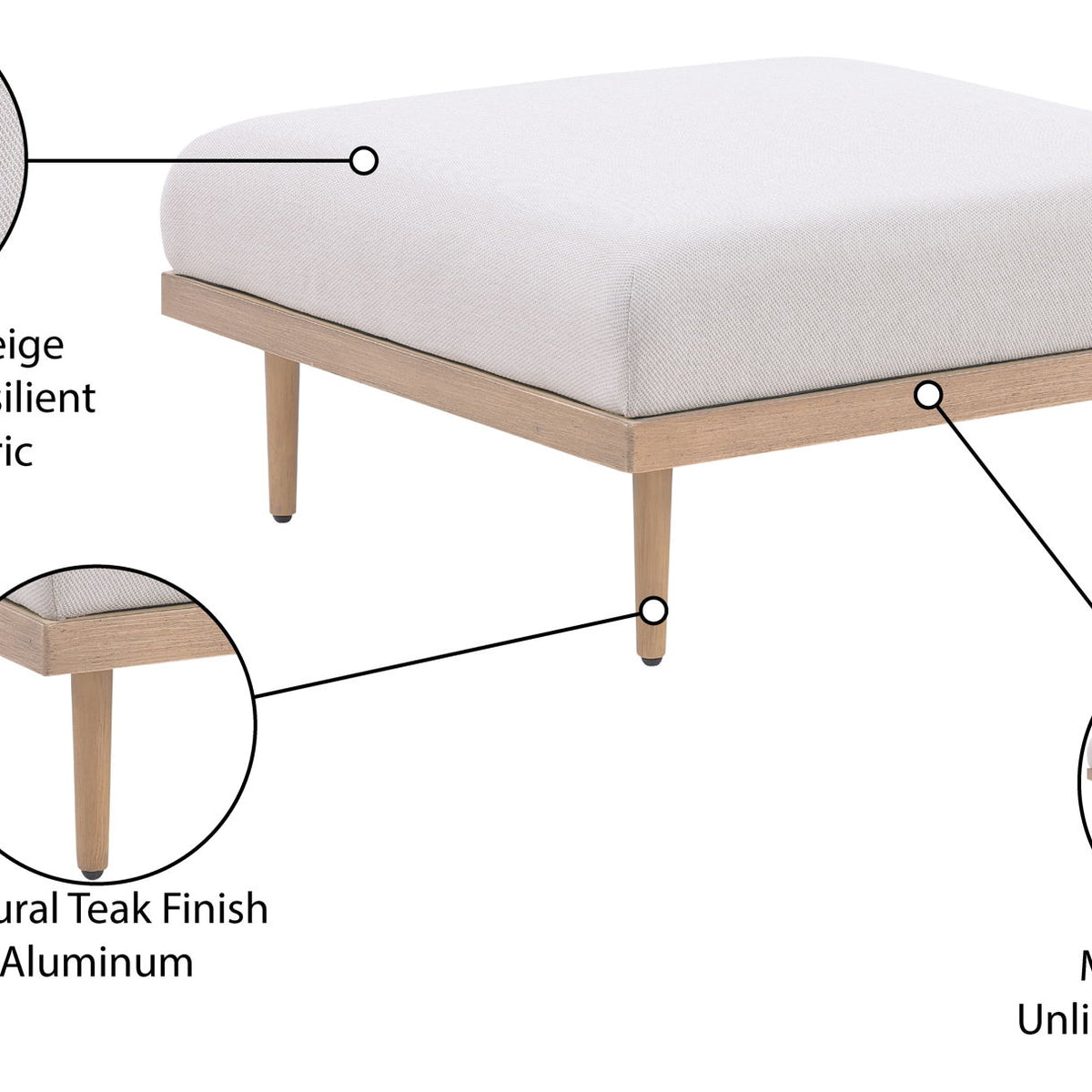 Laguna - Resilient Water Resistant Fabric Upholstered Outdoor Patio Modular Ottoman